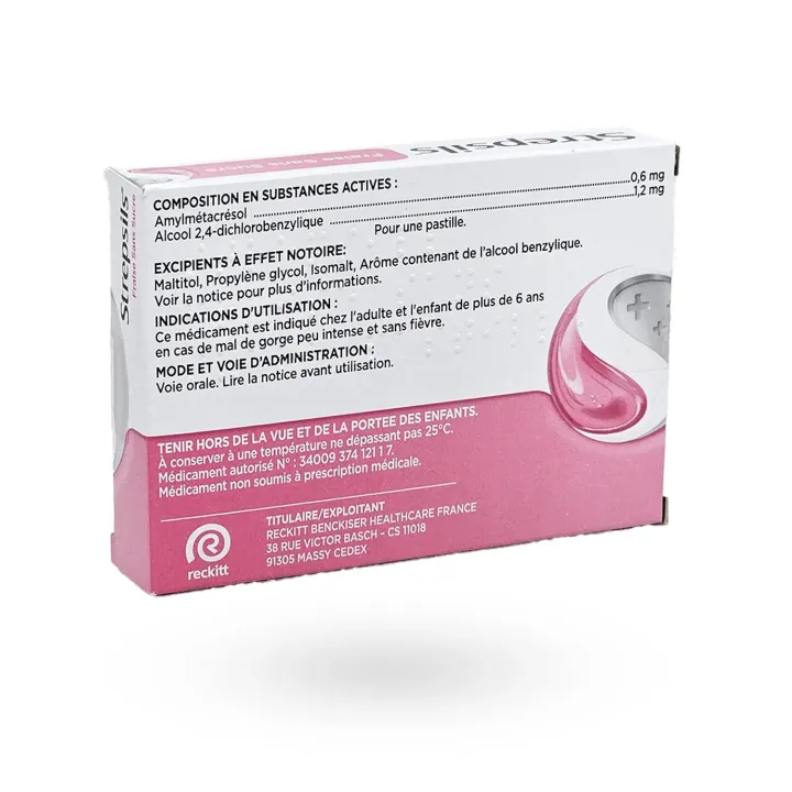 Strepsils Fraise sans sucre maux de gorge 24 pastilles à sucer | Pharmacie en ligne