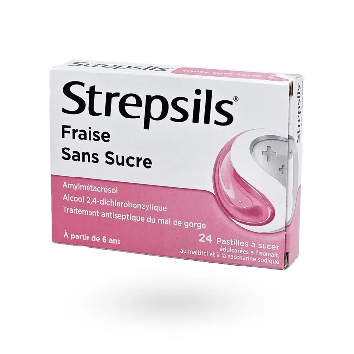 Strepsils Fraise sans sucre maux de gorge 24 pastilles à sucer | Pharmacie en ligne