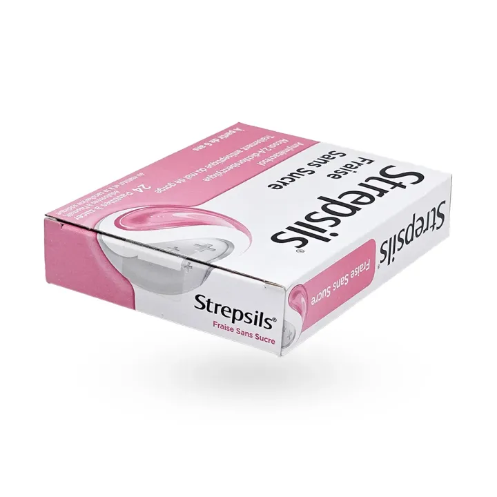 Strepsils Fraise sans sucre maux de gorge 24 pastilles à sucer | Pharmacie en ligne