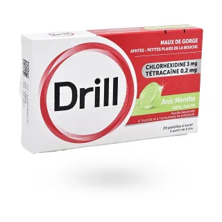 Drill maux de gorge anis menthe 24 pastilles à sucer sans sucre