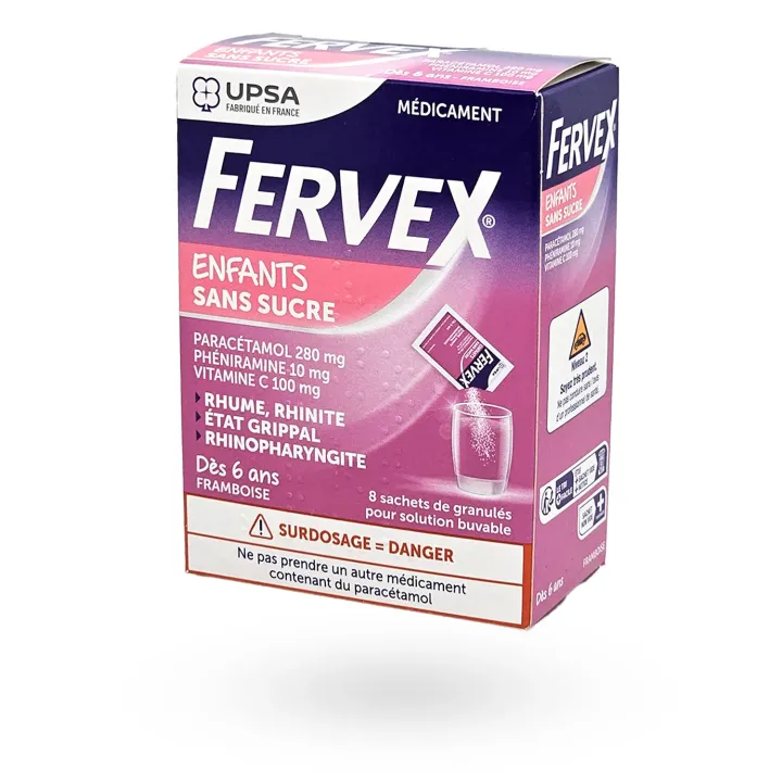 Fervex enfants sans sucre boite de 8 sachets granulés framboise | Pharmacie en ligne