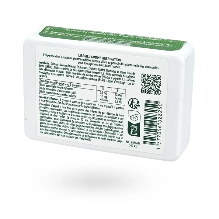 Libérill Gommes Respiration Eucalyptus Menthol Sans Sucre 50 g – Dégager le nez | Pharmacie en ligne