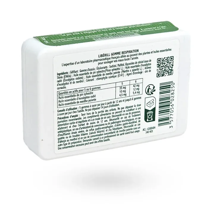 Libérill Gommes Respiration Eucalyptus Menthol Sans Sucre 50 g – Dégager le nez | Pharmacie en ligne