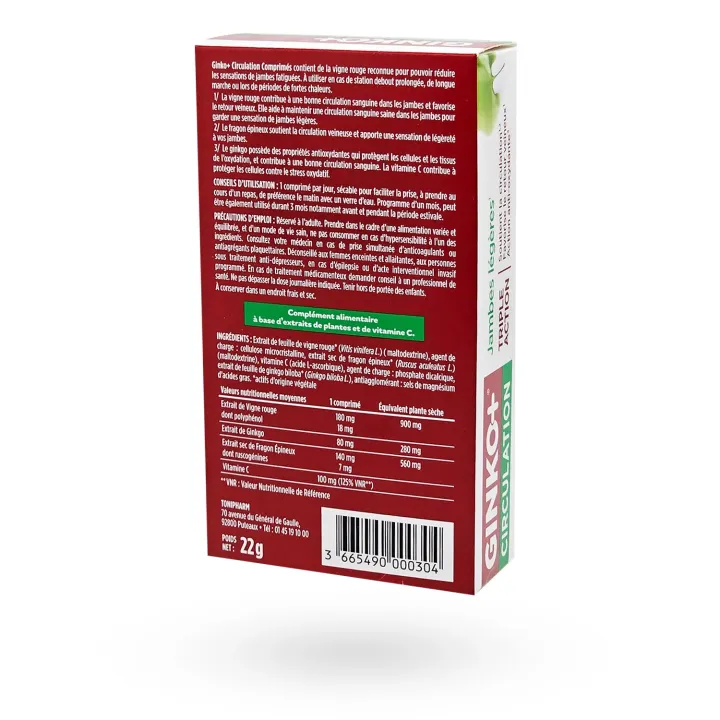 Ginko+ Circulation jambes légères Triple action 30 comprimés | Pharmacie en ligne