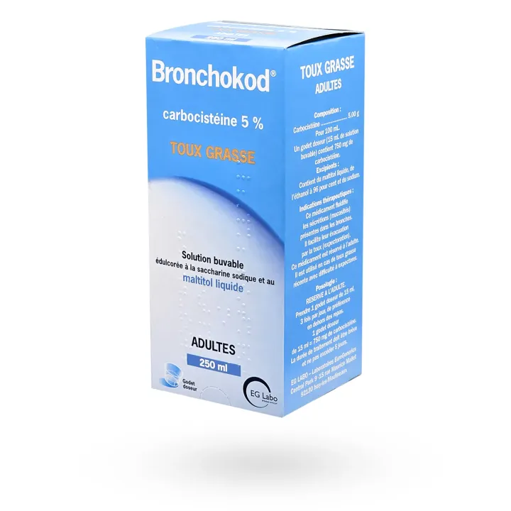 Bronchokod 5 % sans sucre sirop toux grasse adultes 250 ml | Pharmacie en ligne