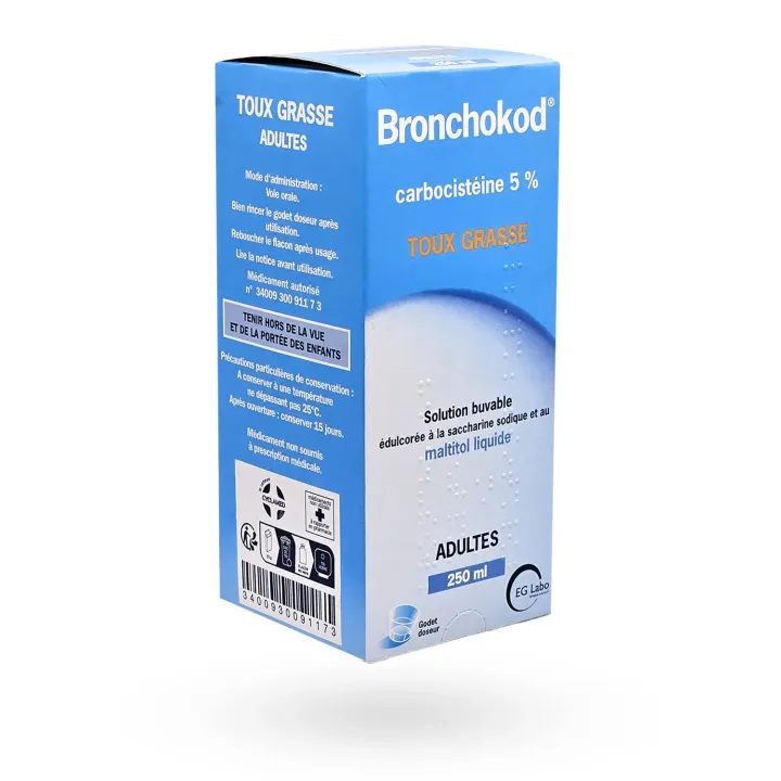 Bronchokod 5 % sans sucre sirop toux grasse adultes 250 ml | Pharmacie en ligne