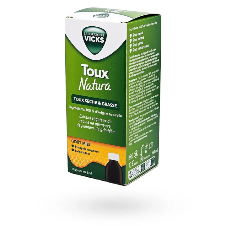 Vicks Toux Natura sirop toux sèche & grasse goût miel 140 ml – Soulagement naturel dès 12 ans | Pharmacie en ligne