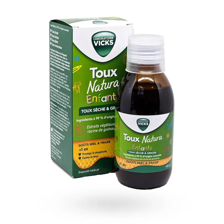 Vicks Toux Natura Enfants sirop toux sèche & grasse miel fraise 140 ml – Dès 1 an | Pharmacie en ligne