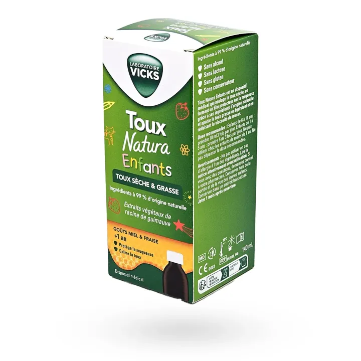 Vicks Toux Natura Enfants sirop toux sèche & grasse miel fraise 140 ml – Dès 1 an | Pharmacie en ligne