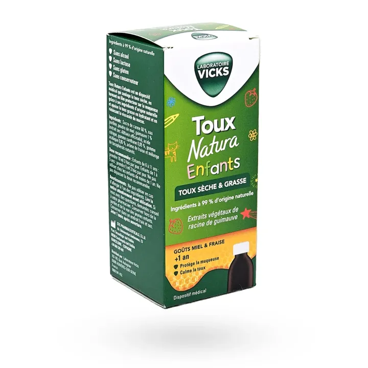 Vicks Toux Natura Enfants sirop toux sèche & grasse miel fraise 140 ml – Dès 1 an | Pharmacie en ligne