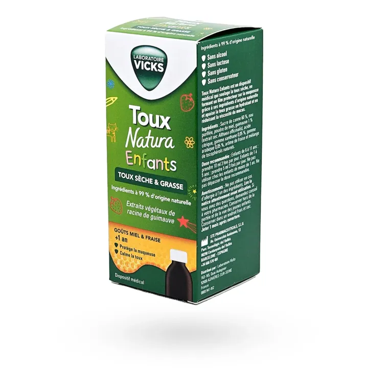 Vicks Toux Natura Enfants sirop toux sèche & grasse miel fraise 140 ml – Dès 1 an | Pharmacie en ligne
