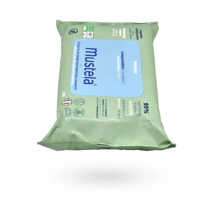 Mustela Lingettes Nettoyantes Compostables x60 – Fibres Végétales | Pharmacie en ligne