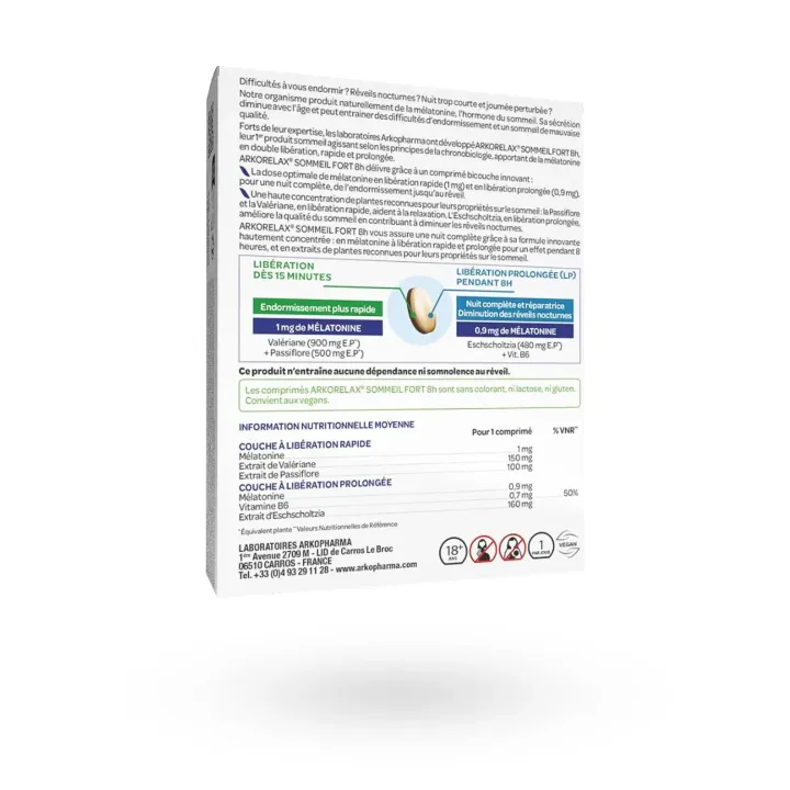 Arkorelax sommeil fort 8h mélatonine 30 comprimés Arkopharma | Pharmacie en ligne