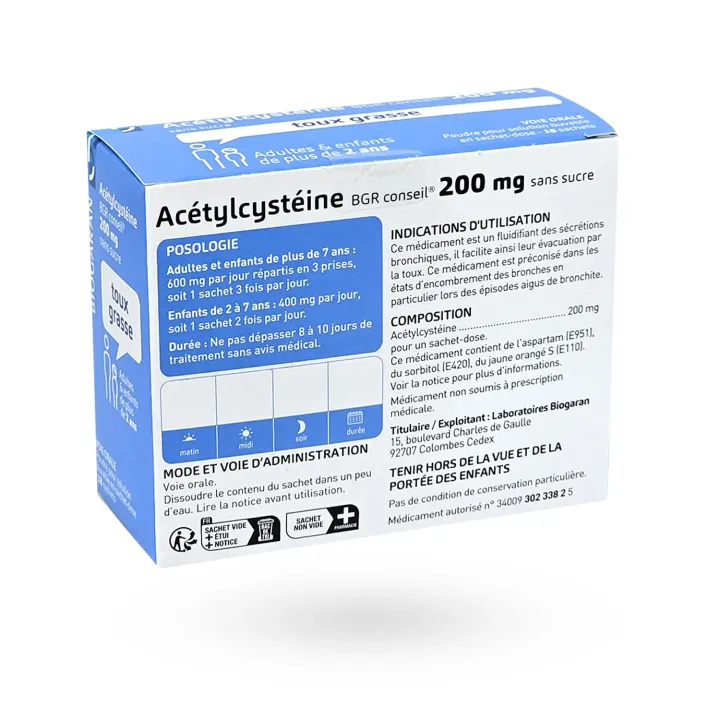 Acétylcystéine 200 mg Biogaran Conseil 18 sachets sans sucre | Toux grasse et bronchite | Pharmacie en ligne