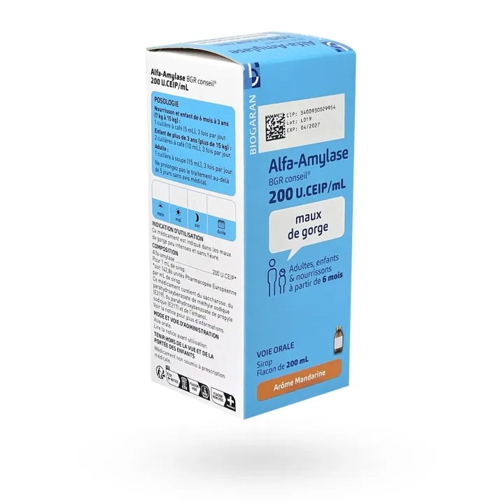 Alfa-Amylase Biogaran sirop 200 U.CEIP/ml - Maux de gorge dès 6 mois | Pharmacie en ligne