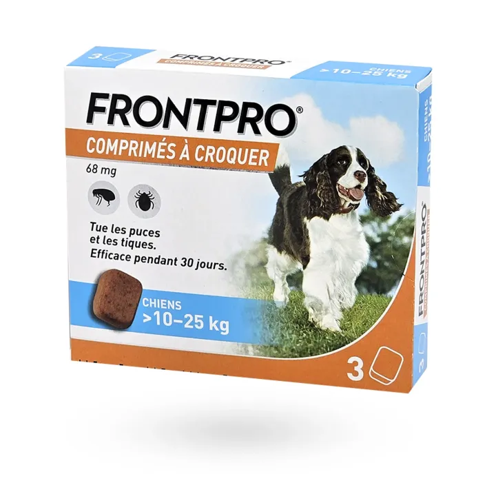 Frontpro 68 mg chien 10-25 kg 3 comprimés à croquer - Anti-puces et anti-tiques | Pharmacie en ligne