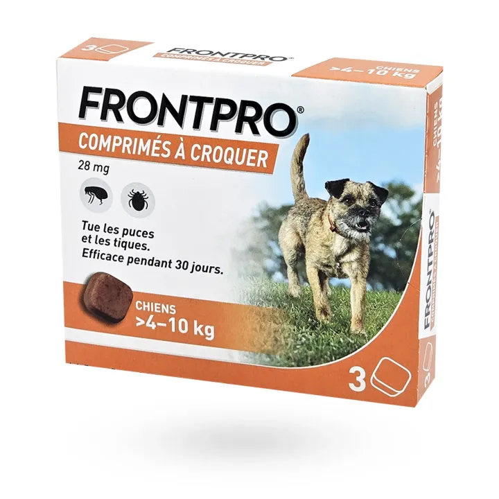 Frontpro 28 mg chien 4-10 kg 3 comprimés à croquer - Anti-puces et anti-tiques | Pharmacie en ligne