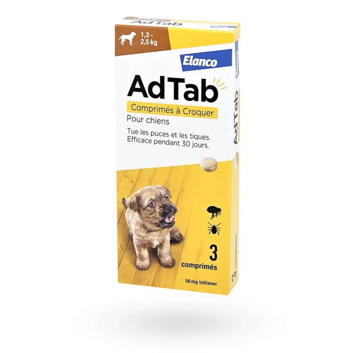 AdTab chien 1,3-2,5 kg – Antiparasitaire puces et tiques en comprimé à croquer | Pharmacie en ligne