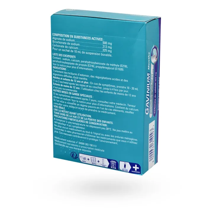 Gavinium menthe suspension buvable 12 ou 24 sachets | Reflux et brûlures d’estomac
