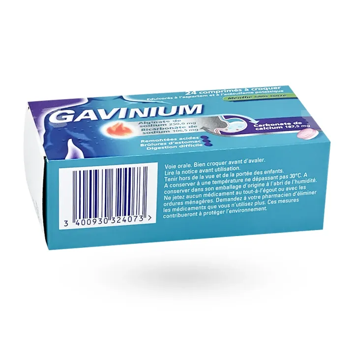 Gavinium menthe sans sucre 24 comprimés à croquer | Brûlures d’estomac et reflux acide