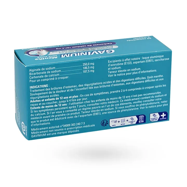 Gavinium menthe sans sucre 24 comprimés à croquer | Brûlures d’estomac et reflux acide