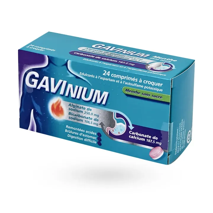Gavinium menthe sans sucre 24 comprimés à croquer | Brûlures d’estomac et reflux acide