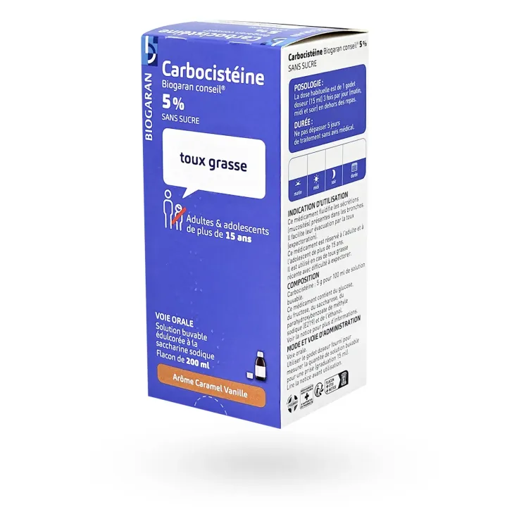 Carbocistéine Biogaran Conseil 5 % Adultes sans sucre 200 ml | Pharmacie en ligne