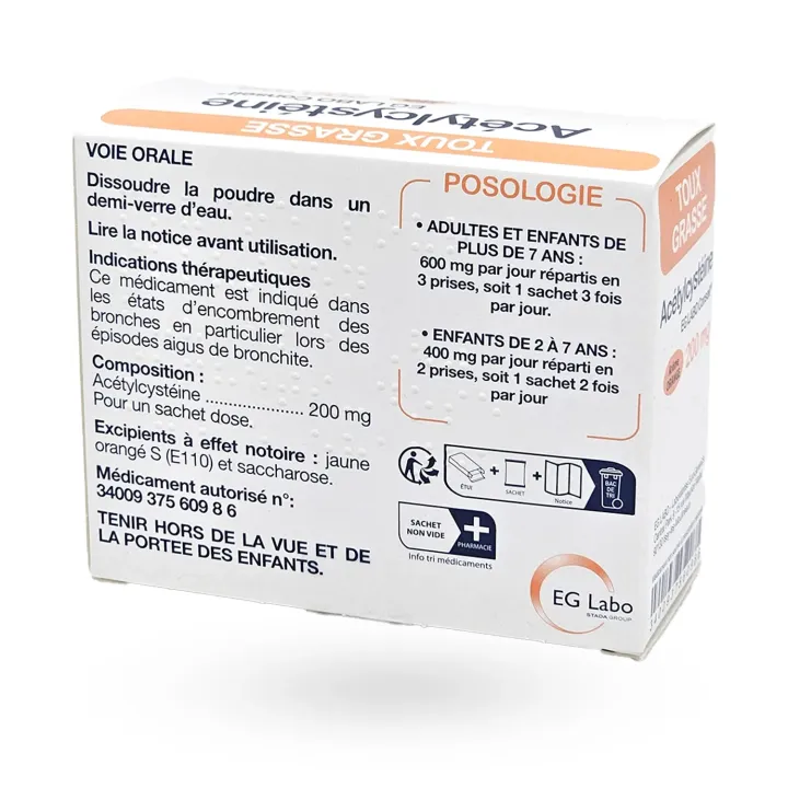 ACETYLCYSTEINE EG 200 mg 20 sachets - Toux grasse | Pharmacie en ligne