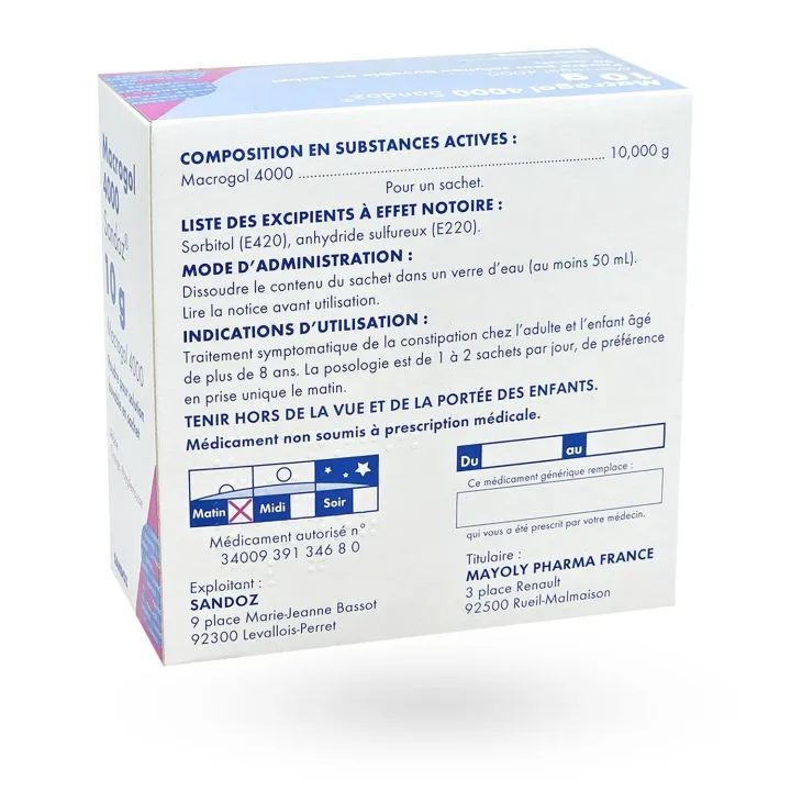 Dos de la boîte Macrogol 4000 Sandoz 10 g - autre côté
