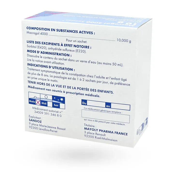 Dos de la boîte Macrogol 4000 Sandoz 10 g