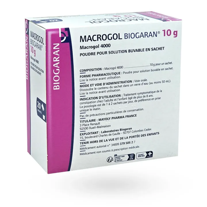Macrogol 10 g Biogaran constipation 20 sachets face arrière 2
