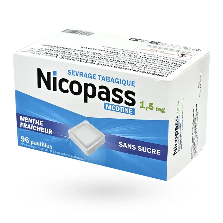 Nicopass 1,5 mg menthe fraîcheur sans sucre 96 pastilles boite