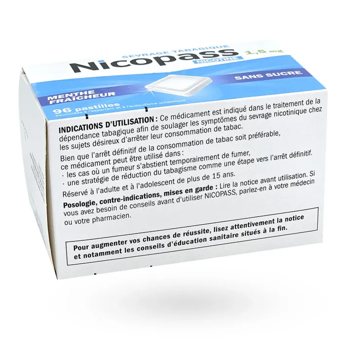 Nicopass 1,5 mg menthe fraîcheur sans sucre 96 pastilles face côté