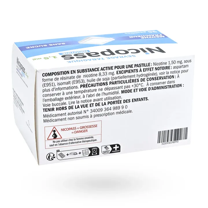 Nicopass 1,5 mg menthe fraîcheur sans sucre 96 pastilles face arrière