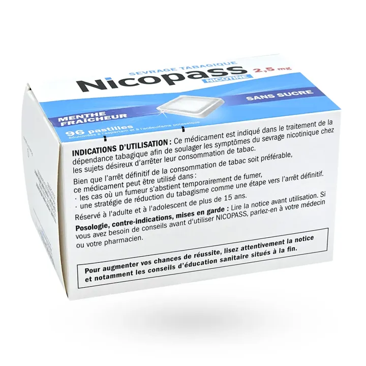 Nicopass 2,5 mg menthe fraîcheur sans sucre - 96 pastilles face arrière