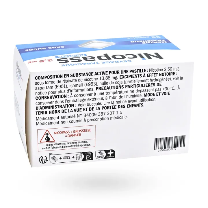 Nicopass 2,5 mg menthe fraîcheur sans sucre - 96 pastilles face côté