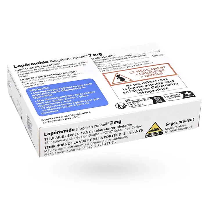 Lopéramide 2 mg Biogaran conseil 12 gélules couché face dos
