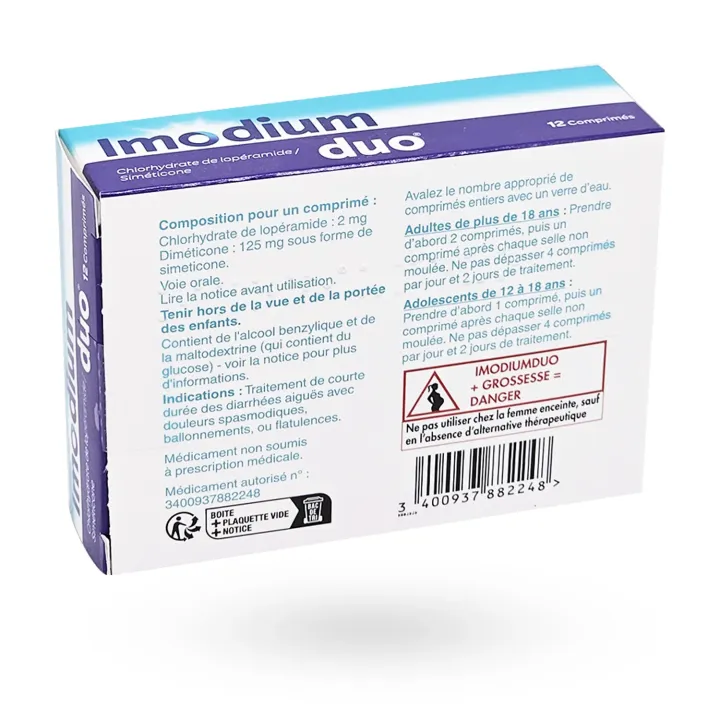 Imodium Duo diarrhée aiguë et douleurs abdominales 12 comprimés arrière