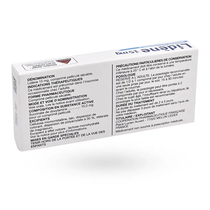 Lidène 15 mg doxylamine insomnie occasionnelle 10 comprimés arrière