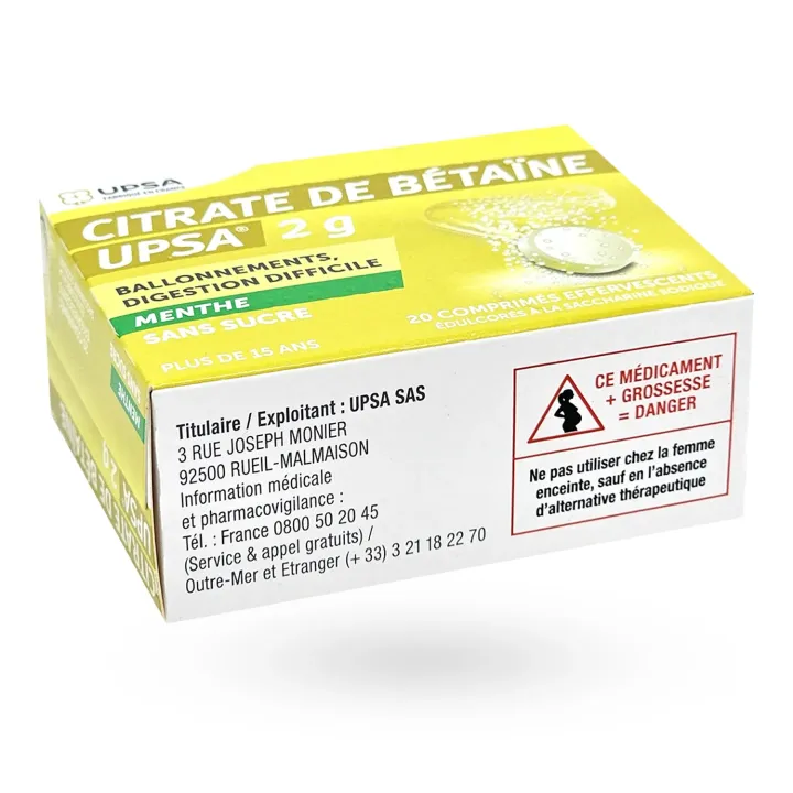 Citrate de bétaïne UPSA 2 g menthe 20 comprimés effervescents couché