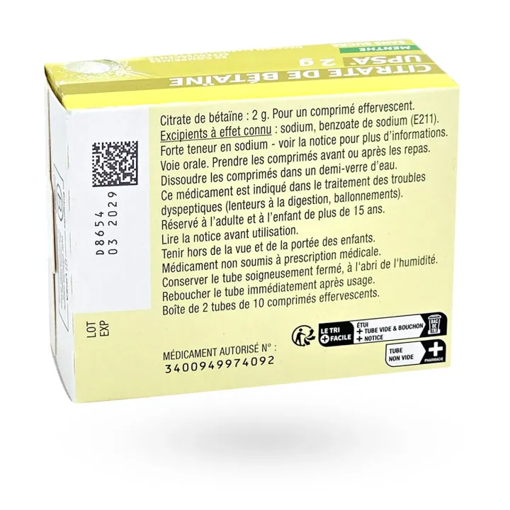 Citrate de bétaïne UPSA 2 g menthe 20 comprimés effervescents face arrière