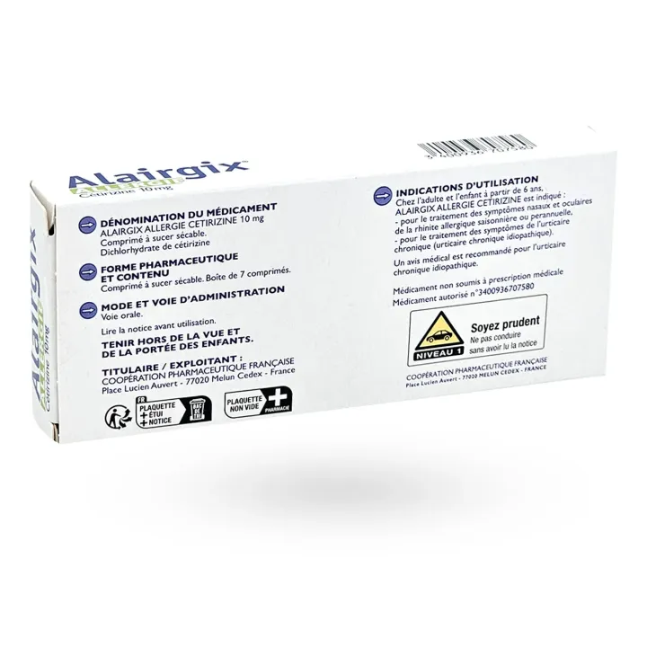 Alairgix Allergie Cétirizine 10 mg 7 comprimés arrière