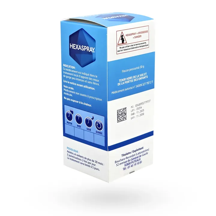 Hexaspray mal de gorge collutoire adultes et enfants 30 g flanc droit