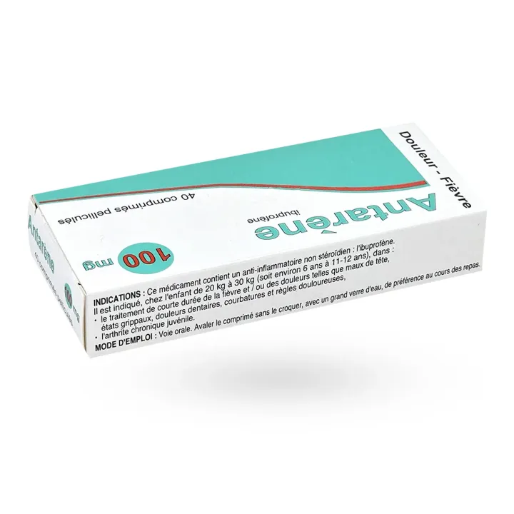 Antarène 100 mg ibuprofène 40 comprimés couché face avant