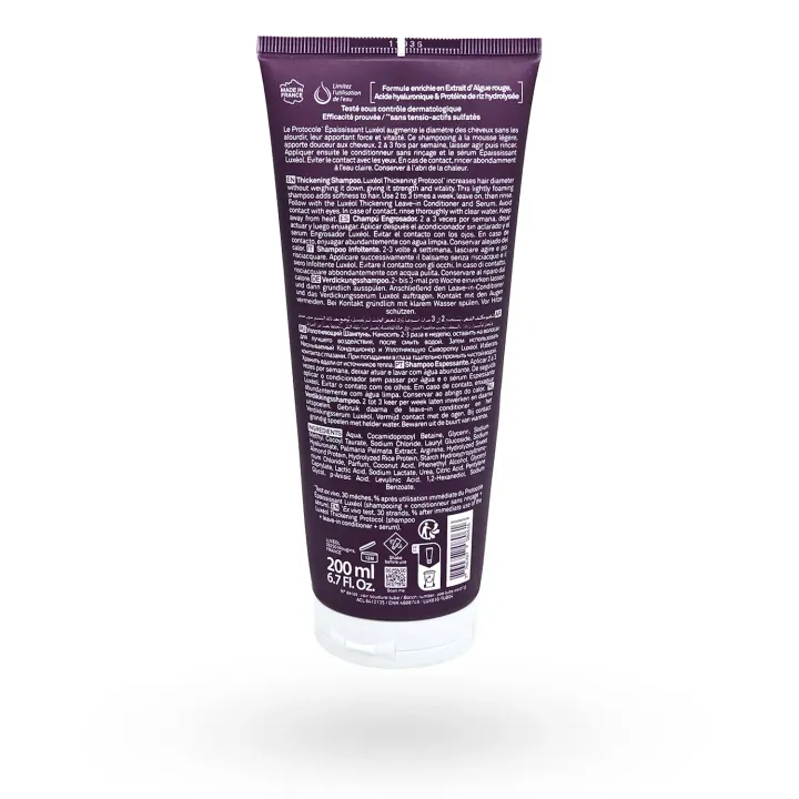 Luxéol shampooing épaississant 200 ml tube face arrière