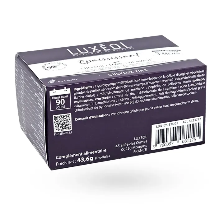 Luxéol épaississant complément alimentaire 90 gélules flac gauche