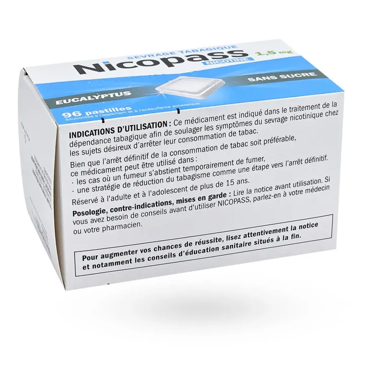 Nicopass 1,5 mg eucalyptus sans sucre 96 pastilles flanc gauche