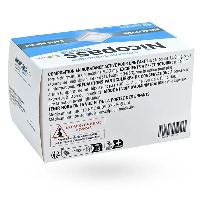 Nicopass 1,5 mg eucalyptus sans sucre 96 pastilles flanc droit