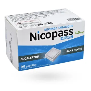 Nicopass 1,5 mg eucalyptus sans sucre 96 pastilles face avant
