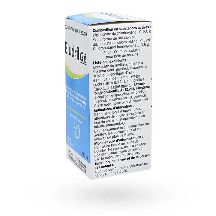 Eludril Gé bain de bouche 90 ml boite flanc gauche